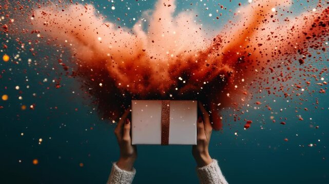 An explosive video of a gift box bursting with festive glitter and red powder representing a magical moment of joy perfect for holiday sales and celebrations.