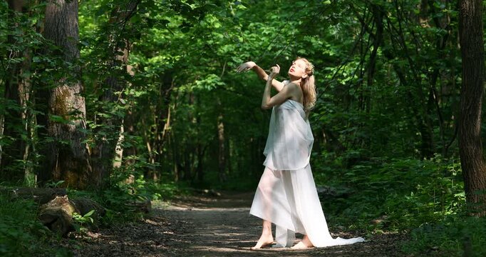 Forest nymph - a young beautiful girl in a white dress posing