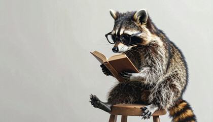A raccoon wearing glasses and sitting on a stool while reading a book against a neutral background. The image portrays a humorous, quirky concept that blends intelligence and creativity