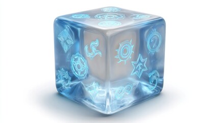 Ice cube-shaped die with glowing symbols