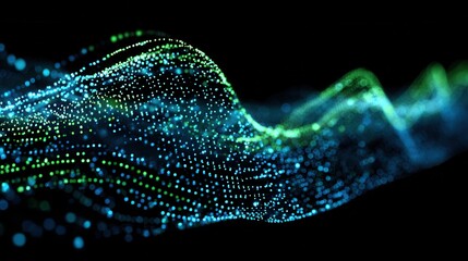 Abstract digital network wave with glowing blue and green dots