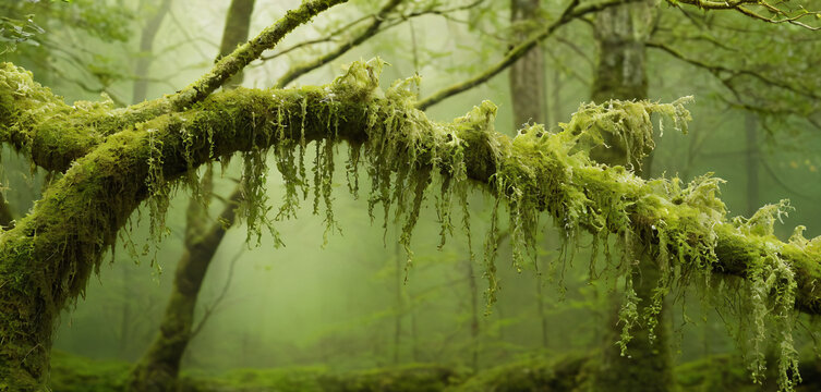 There is a moss covered tree branch in the middle of forest cartoonish gesture backgrounds expression colorful movement emotion creative composition figure illustration scene frame