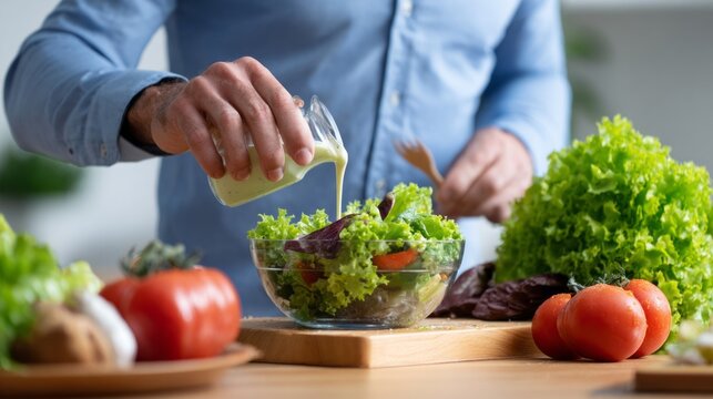Cooking in a home kitchen with a man pouring creamy dressing over fresh salad greens - Powered by Adobe
