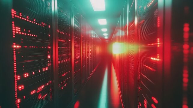 A data center hallway with vibrant red and green lighting