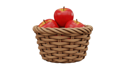 A woven basket overflowing with several ripe, red apples, freshly picked.