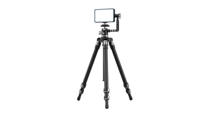 A black tripod with a smartphone attached, ready for recording, isolated on white background.