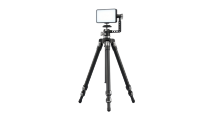 A black tripod with a smartphone attached, ready for recording, isolated on white background.