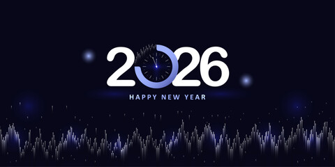 Happy New Year 2026 Design. Silver Theme with  Simple Watch and  Light of City as Background Vector Illustration Design