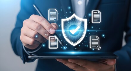 A Photorealistic Close-Up of a Futuristic Digital Interface Displaying a Glowing Shield with Checkmark, Surrounded by Document Icons, Controlled by a Stylus - Security Achieved.