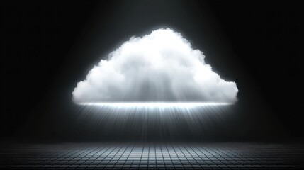 A digital cloud illuminated with beams in a darkened setting