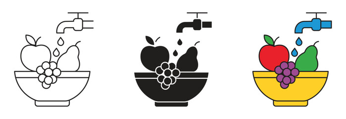 Obraz premium Fruits washing icon set , clean produce illustrations for food safety and hygiene. Wash well before eating vector label. Water tap and fruits washing in a bowl icon.