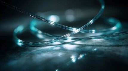 Close up of glowing blue wire on a reflective surface