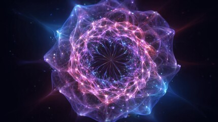 A vibrant, abstract, fractal-like formation with swirling, interconnected filaments, exhibiting a spectrum of colors