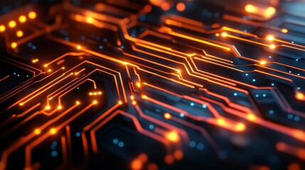 Close up of glowing digital circuit system architecture