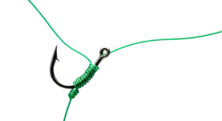 Ultra-detailed macro shot of a razor-sharp silver metal fishing hook with a dangerous barb, tied with taut emerald green braided fishing line, isolated on a transparent background with a soft shadow,