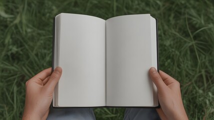 Hand, male hand, two hands, holding, book, magazine, reading, table, upper angle, shirt, first person view. Magazine mockup image. White pages.