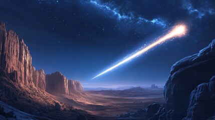 Witness the awe-inspiring spectacle of a shooting star blazing across the desert sky, illuminating the majestic rock formations under a blanket of stars, inspiring wonder and adventure