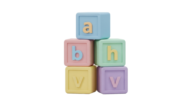 Stacked pastel-colored alphabet blocks spelling out the word "baby" against white background.