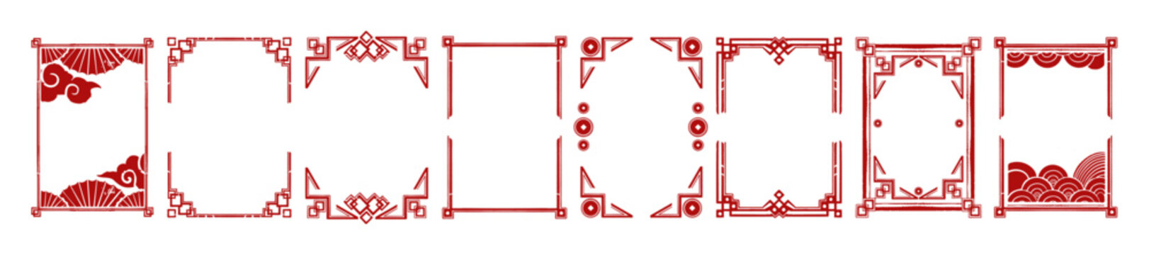 Chinese 2026 oriental New Year geometric frame, vector hand drawn festive traditional red border set. Japanese holiday greeting ornate graphic, celebration corner banner decor. Vintage Chinese frame