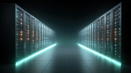 A futuristic server room glowing with data infrastructure