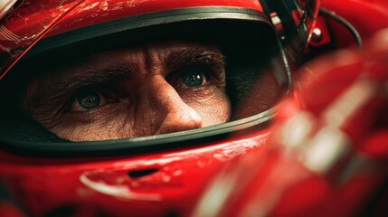 Fototapeta premium closeup of racer in red helmet sitting inside racing car with intense and focused gaze