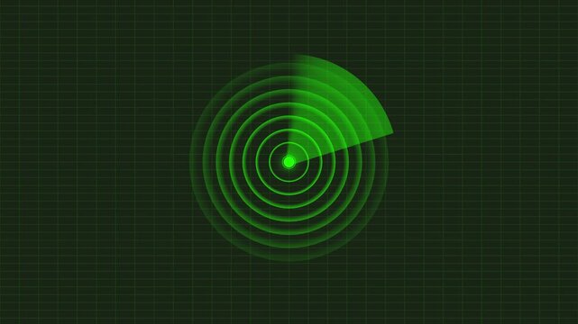 Abstract HUD call rader animation with radio waves. Object location detection technology and signal waves, Green color rader animation on green background. 