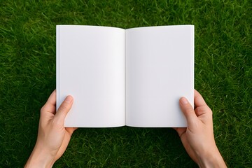 Hand, male hand, two hands, holding, book, magazine, reading, table, upper angle, shirt, first person view. Magazine mockup image. White pages.