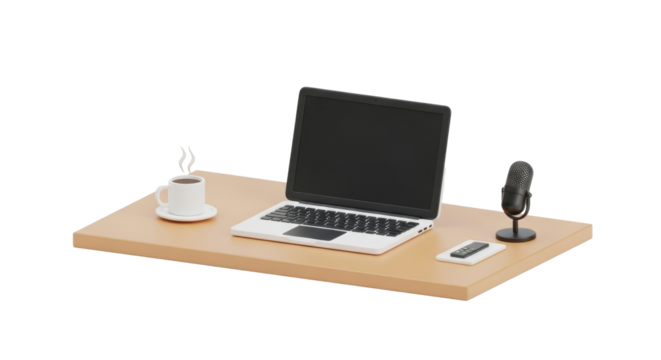 A wooden desk with a laptop, coffee, microphone, and smartphone arranged for work. - Powered by Adobe