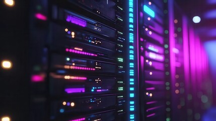 Close up view of vibrant server racks in data center