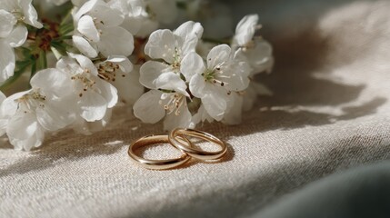 weekday wedding vibes delicate wedding rings beside white flowers on a textured background