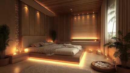 Experience tranquility in this serene bedroom retreat with warm lighting, perfect for relaxation, meditation, or a restful night's sleep in a luxurious, calming atmosphere