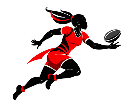 African female rugby player in red jersey jumping with ball in hand, vector black silhouette illustration design on white background
