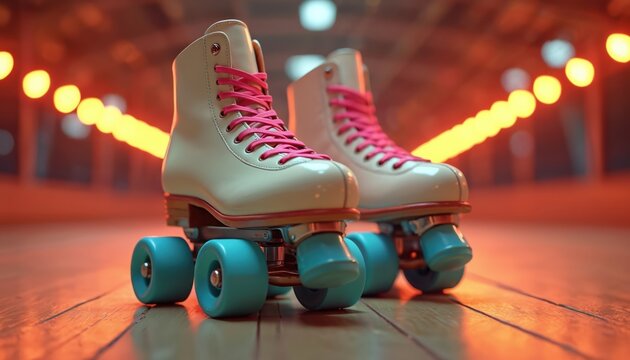 Roller skates on wooden floor. Retro style sport footwear with blue wheels and pink shoelaces. Rink with blurry glowing lights. Leisure activity concept for active youth lifestyle and entertainment.