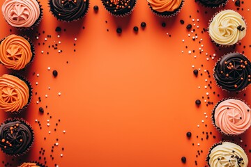 Halloween cupcakes with orange and chocolate frosting arranged as decorative border on bright orange background with copy space.