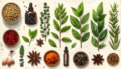 Botanical flat lay illustration of herbs and spices