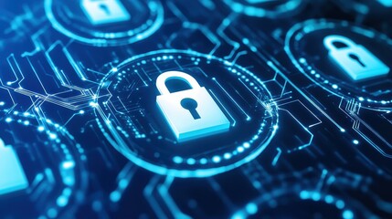 A glowing lock representing digital cybersecurity and data protection