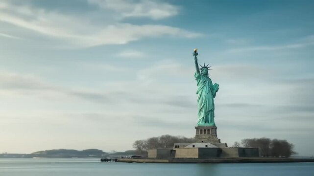 Panoramic view of a large statue on a pedestal against a cloudy sky with water in the foreground