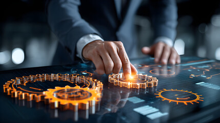 Businessman interacting with futuristic touchscreen interface displaying gears and data analytics
