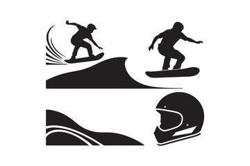 Black silhouettes of surfing and snowboarding action sports and helmet
