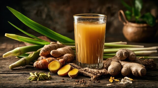 a traditional indonesian jamu herbal drink served in a classic transparent glass surrounded by fresh ingredients like turmeric ginger and lemongrass on a rustic wooden table