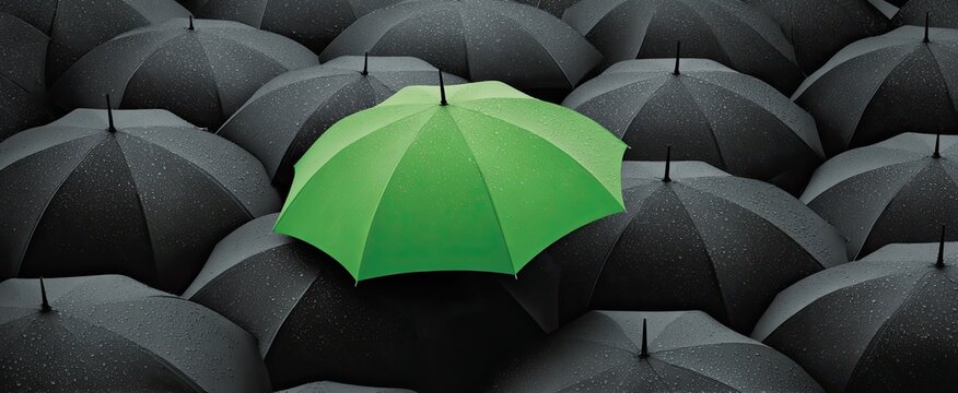Green umbrella stands out among many black ones. Symbol of difference and uniqueness