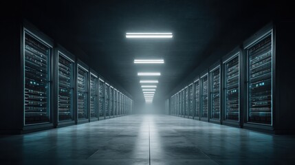 A long row of servers in a data center environment