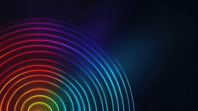 Abstract design of concentric neon arcs radiating rainbow colors against a dark gradient backdrop