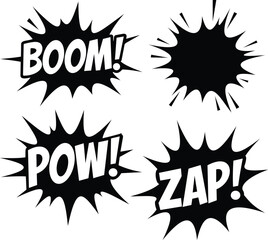 Comic sound effect bubbles with text boom, pow, zap isolated on white background