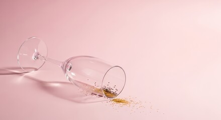 Elegant champagne glass tipped over with sparkling confetti on pink background