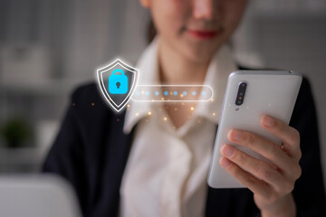 Business professional woman using mobile phone for secure login protecting private data online digital identity access at office