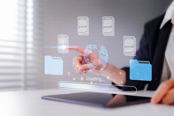 Professional manages digital data transfer using virtual interface for global network management cloud storage system modern office security efficiency