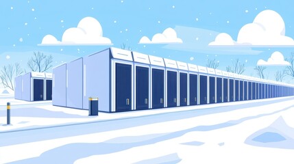 A modern data center building in a snowy winter environment