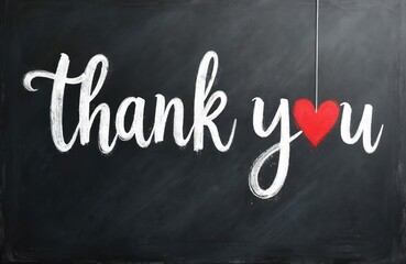 Obraz premium Chalkboard with thank you message. Handwritten white chalk text on blackboard. Red heart replaces o in you. Grunge texture background. Expression of gratitude. Positive vibe.