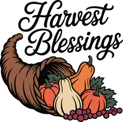 Autumn illustration of a cornucopia filled with pumpkins, gourds, and berries, with the text Harvest Blessings. Perfect for Thanksgiving, fall decor, and seasonal designs